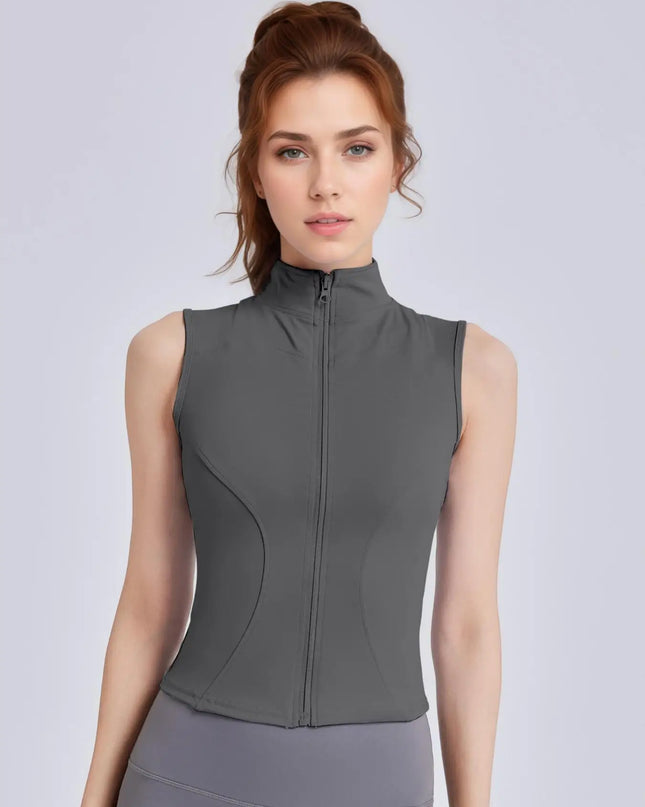 Women's Sleeveless Sports Vest with Thumb Hole Design and Zip-Up Closure