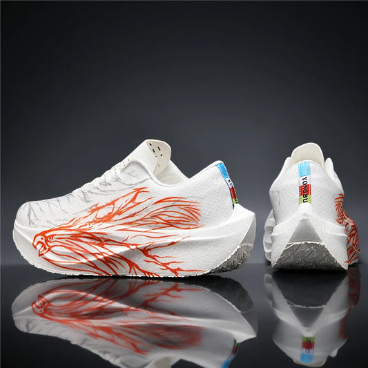 White sneakers with red design on a reflective black surface