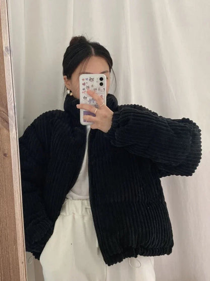 Women's Thick Corduroy Puffy Short Parka with Zipper Closure