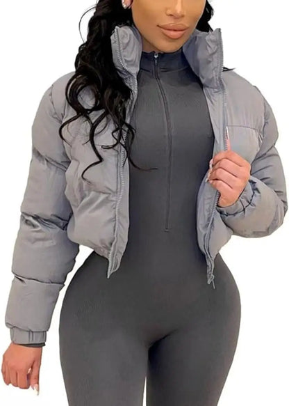 Women's Cropped Puffer Jacket - Casual Zip-Up Cotton Jacket with Padding