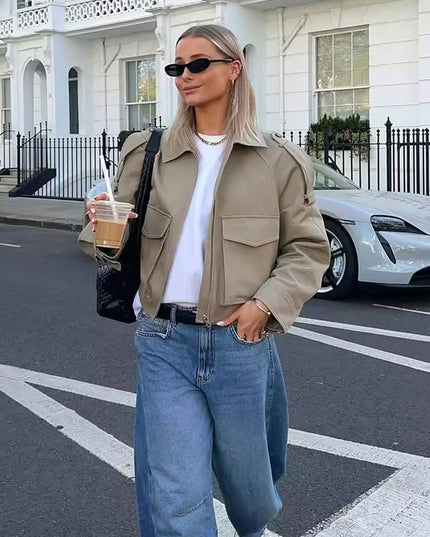 Women's Long Sleeve Casual Jacket with Front Zip Pockets