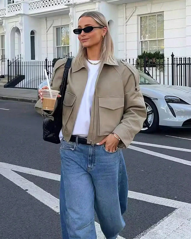 Women's Long Sleeve Casual Jacket with Front Zip Pockets