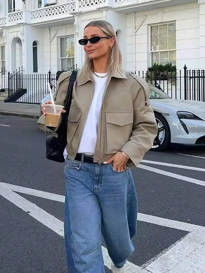 Women's Long Sleeve Casual Jacket with Front Zip Pockets