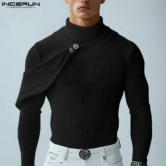 INCERUN Men's Mesh Splicing High Neck Sweater - Thin & Textured Knitwear