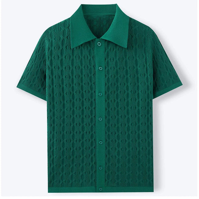 Men's Single-Breasted Knitted Polo Shirt  - Stripe Jacquard Design