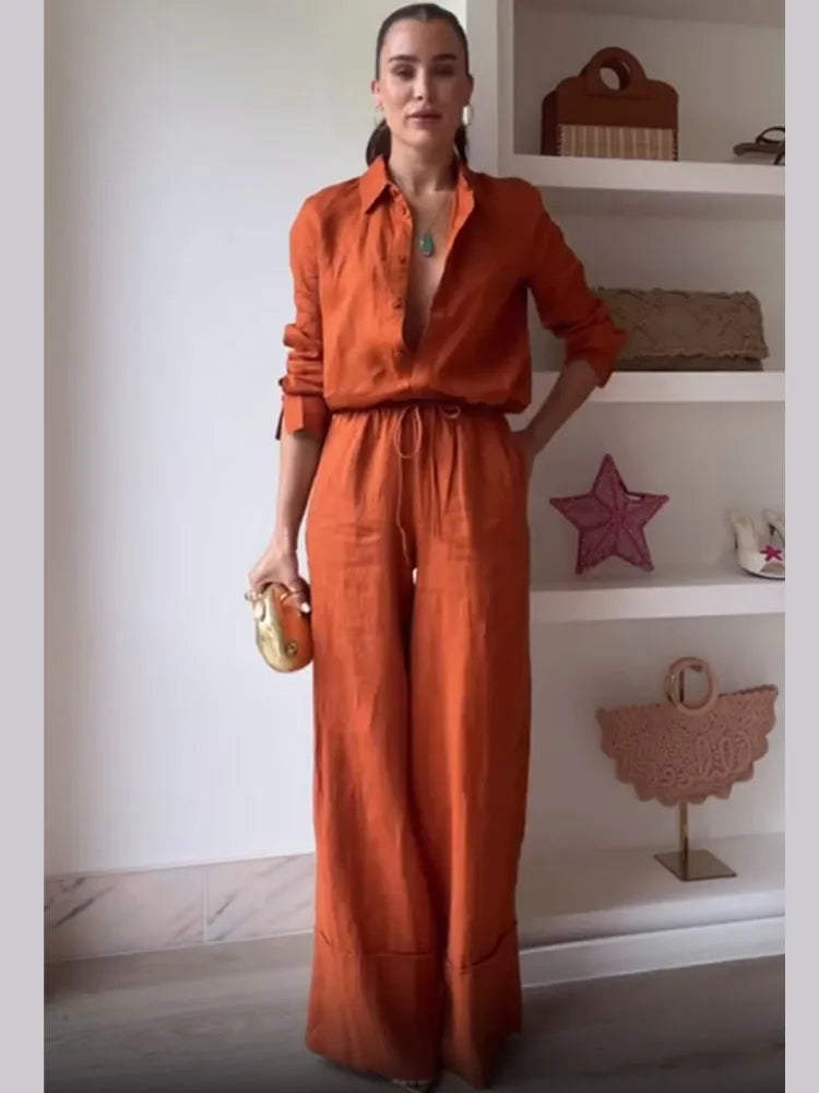 Women's 2-Piece Cotton Linen Drawstring Pants and Lapel Long Sleeve Shirt Set