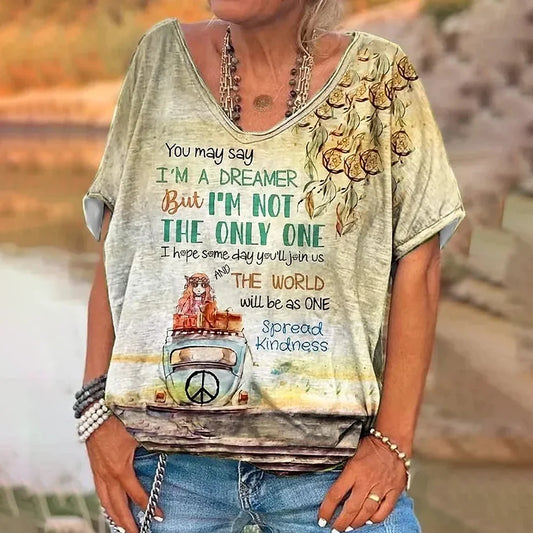 Women's Letter Print V-Neck T-Shirt - Short Sleeve Loose Fit 