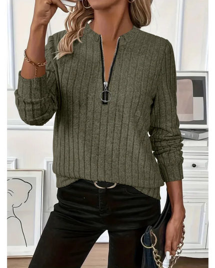  Women's Long Loose Fit Sweater with Zipper Collar