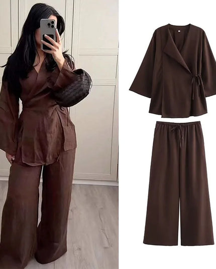 Linen Women's 2-Piece Set: Kimono Style Loose Lace-Up Shirt and Wide Leg Pants