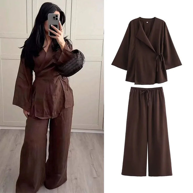 Linen Women's 2-Piece Set: Kimono Style Loose Lace-Up Shirt and Wide Leg Pants