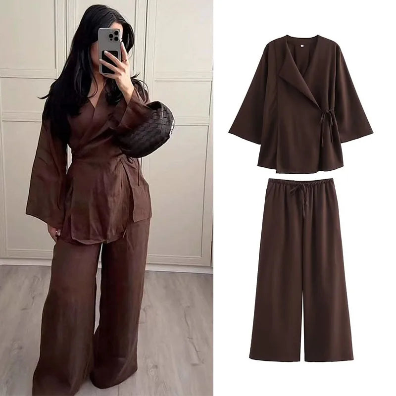 Linen Women's 2-Piece Set: Kimono Style Loose Lace-Up Shirt and Wide Leg Pants