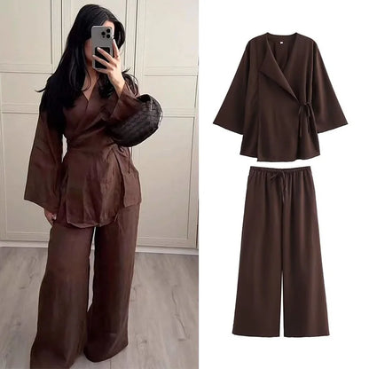 Linen Women's 2-Piece Set: Kimono Style Loose Lace-Up Shirt and Wide Leg Pants