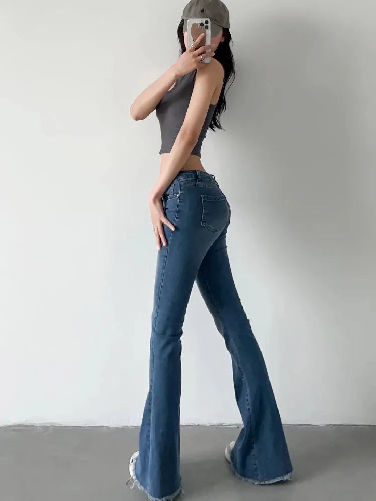 Women's Low Waist Flare Jean Pants - Vintage Stretch Denim for Women