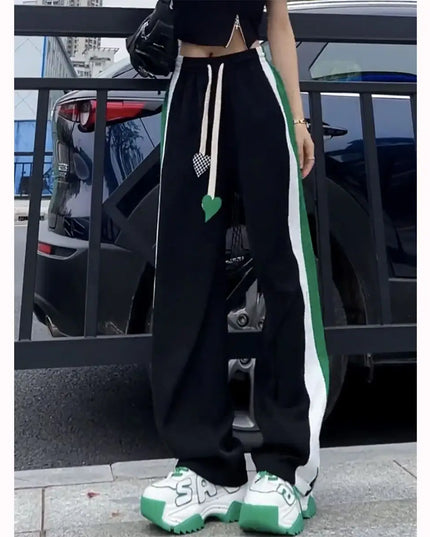 Women’s High Waist Elastic Sweatpants with Drawstring & Striped Design