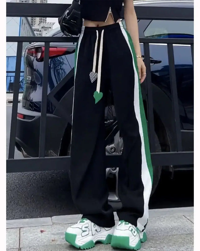 Women’s High Waist Elastic Sweatpants with Drawstring & Striped Design