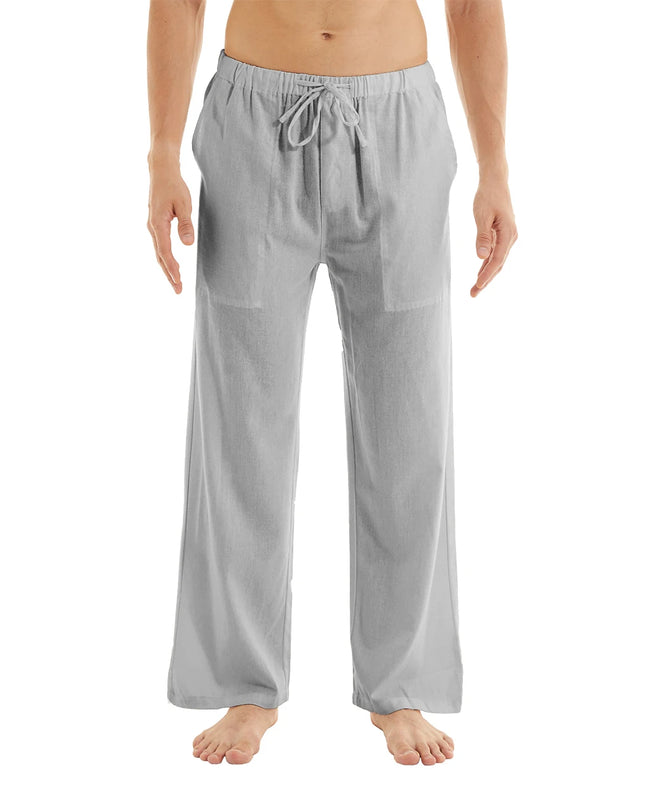 Men's Casual Linen Cotton  Pants Breathable Loos Elastic Waist