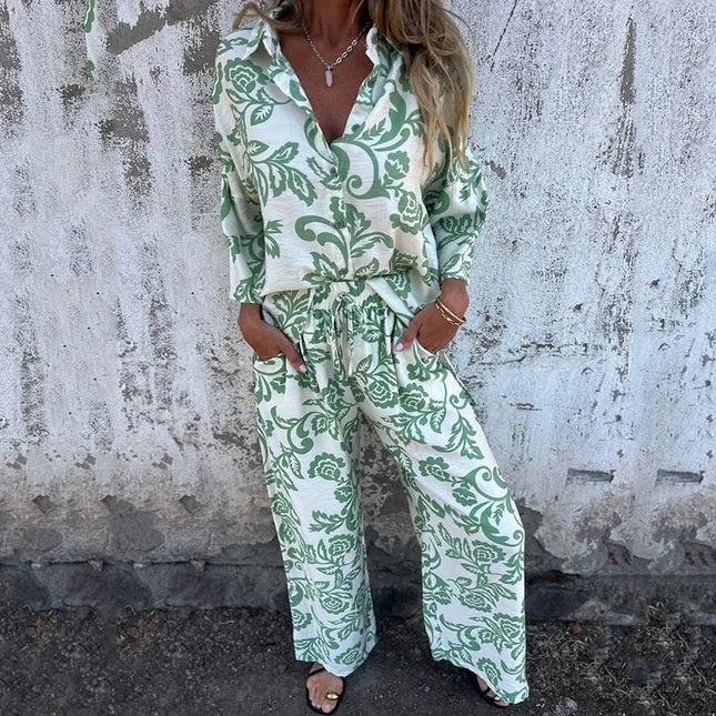 Women's Vintage Two-Piece Set: Turndown Collar Long Sleeve Shirt & Elastic High-Waist Loose Casual Pants
