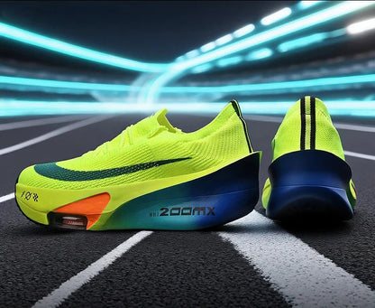 Brightly colored running shoes on a track with a promotional banner at the bottom.