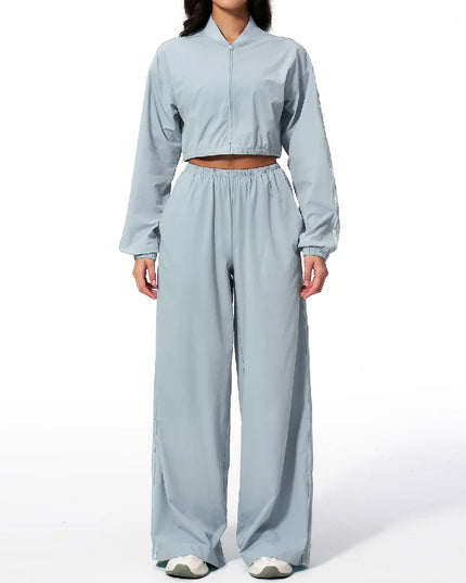 Women’s Two-Piece Set: Zipper Hooded Cropped Jacket and Wide-Leg Pants