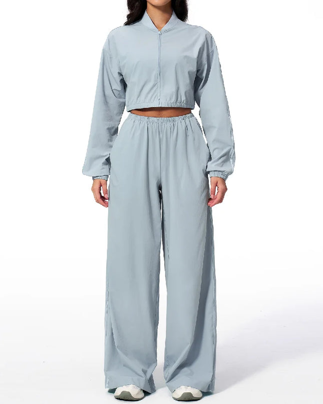 Women’s Two-Piece Set: Zipper Hooded Cropped Jacket and Wide-Leg Pants