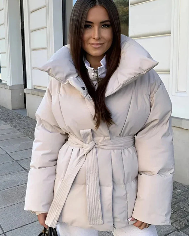 Women's Cotton-Filled Coat with Lapel Tie and Waist Cinching