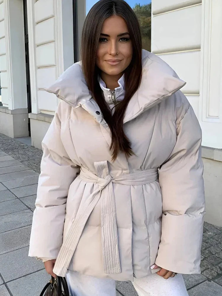 Women's Cotton-Filled Coat with Lapel Tie and Waist Cinching