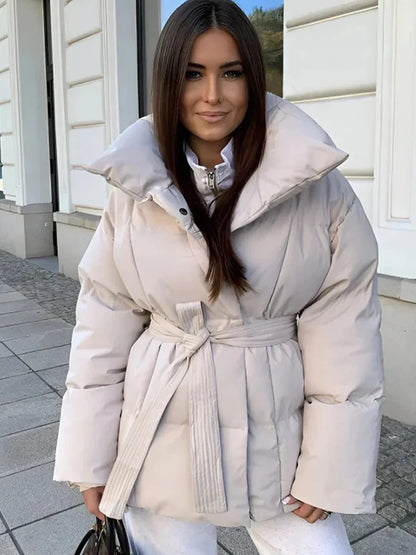 Women's Cotton-Filled Coat with Lapel Tie and Waist Cinching