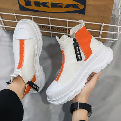 Men's High-Top Canvas Sneakers with Thick Soles and Side Zipper