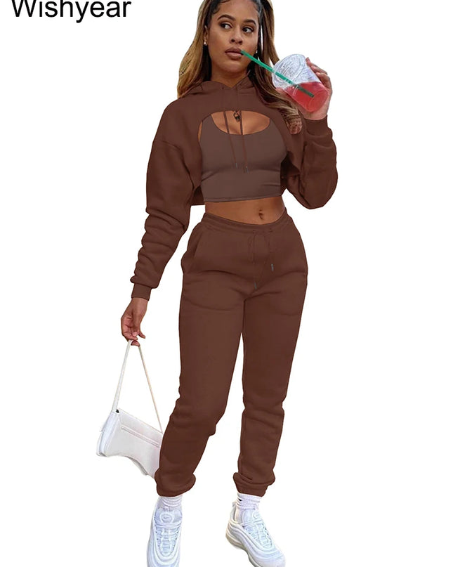Wisyear Women's 3-Piece Velvet Tracksuit Set - Crop Hoodie, Vest, and Sweatpants Matching Outfit