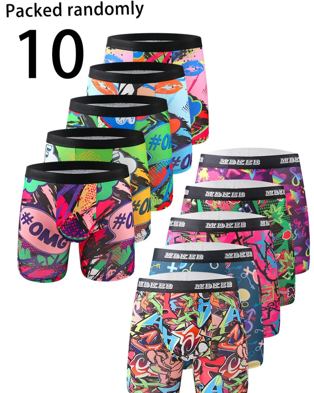 10-Pack Men's Assorted Graffiti Print Boxer Shorts - Mid-Waist Briefs