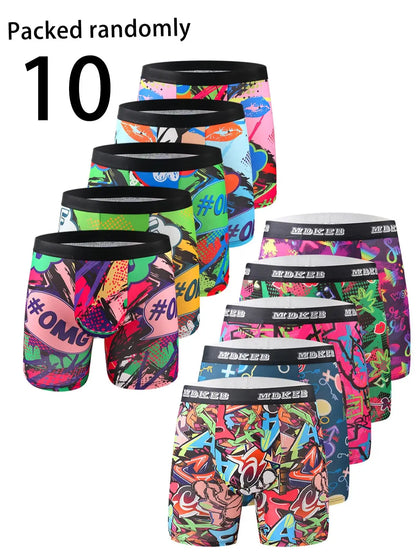 10-Pack Men's Assorted Graffiti Print Boxer Shorts - Mid-Waist Briefs