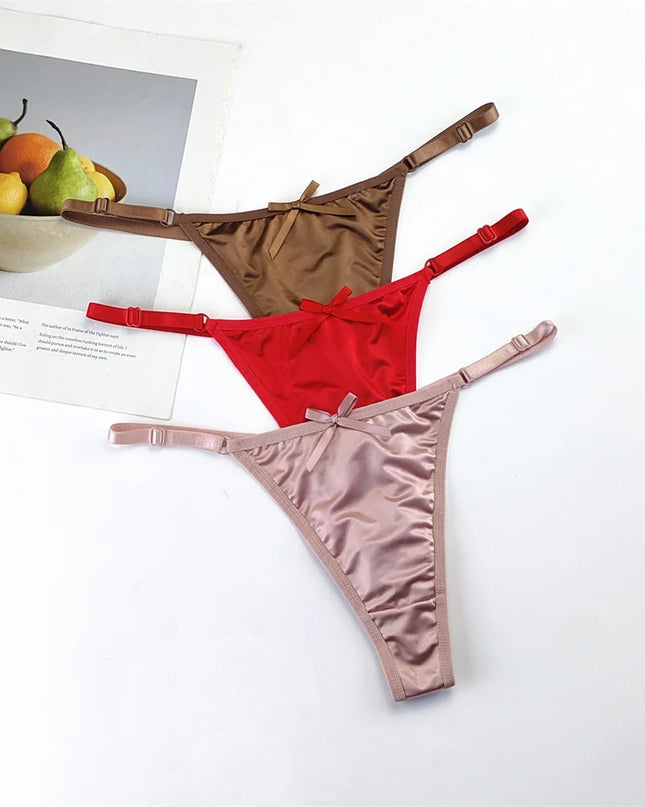 3-Piece Pink Satin Thong Set for Women - Adjustable Low Waist, Comfortable Silk Lace Underwear
