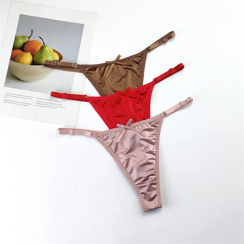 3-Piece Pink Satin Thong Set for Women - Adjustable Low Waist, Comfortable Silk Lace Underwear