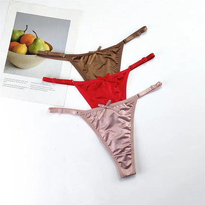 3-Piece Pink Satin Thong Set for Women - Adjustable Low Waist, Comfortable Silk Lace Underwear