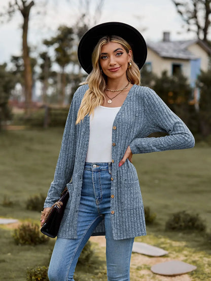 Women's Milled Pit Stripe Button-Front Long Sleeve Cardigan