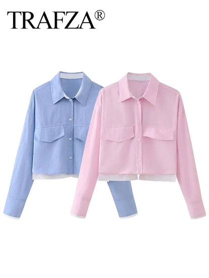 TRAFZA Women’s Cropped Button-Up Shirt