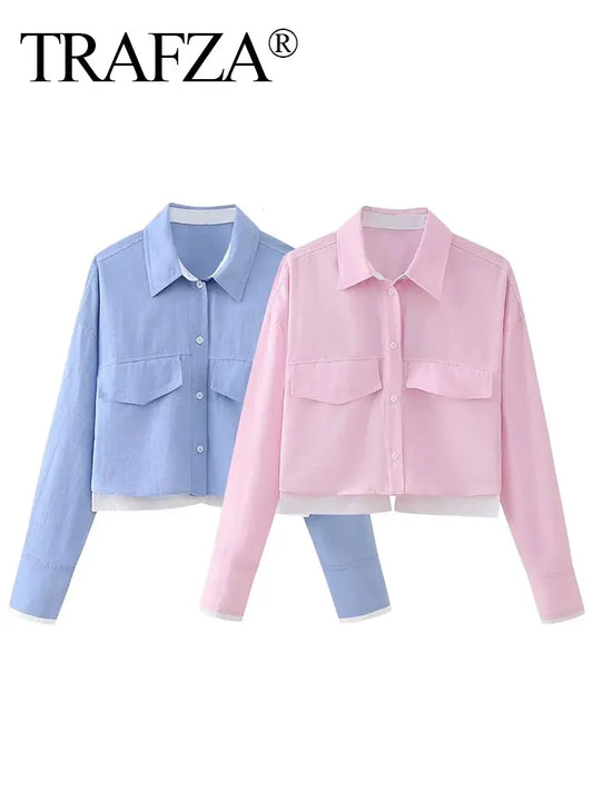 TRAFZA Women’s Cropped Button-Up Shirt