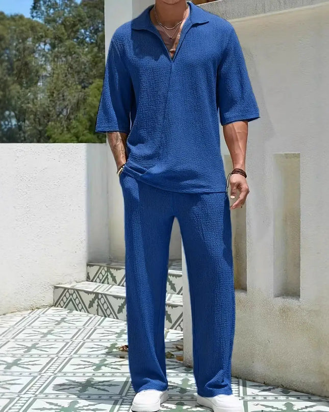 Men's Two-Piece Classic Shirt and Loose-Fit Pants Set.