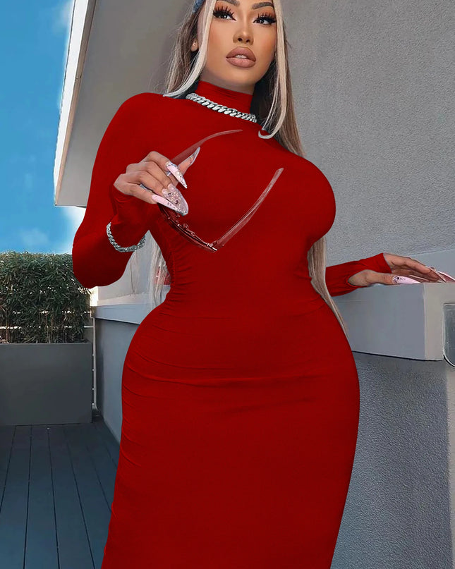 Slim Fit High-Collar Long Sleeve Dress for Women with Elastic Stretch
