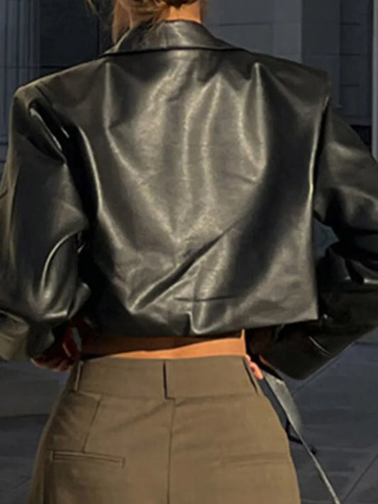 Women's Black Casual Crop Faux Leather Jacket with Long Sleeves and Button Closure