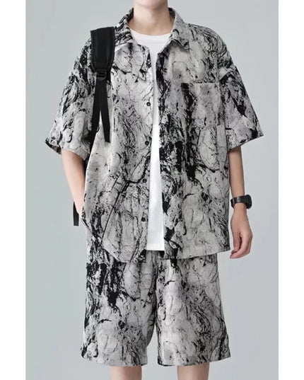 Men's Two-Piece Loose Fit Tie-Dye Striped Shirt and Shorts Set