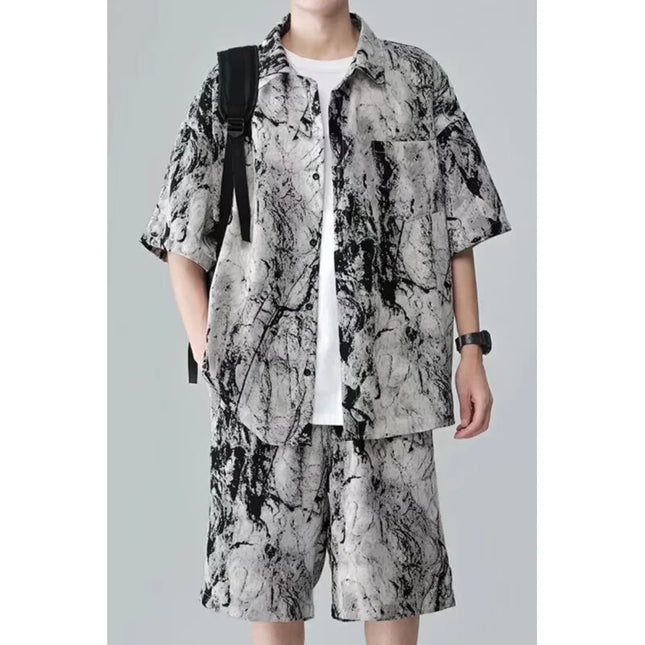 Men's Two-Piece Loose Fit Tie-Dye Striped Shirt and Shorts Set