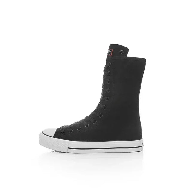 Women's Canvas Sneakers with Mid Tube Lace-Up Design and Side Zipper