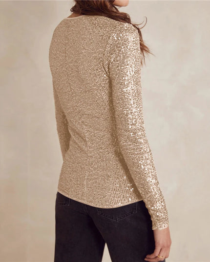Sequin Long Sleeve Crop Top for Women with Round Neck and Glitter Finish