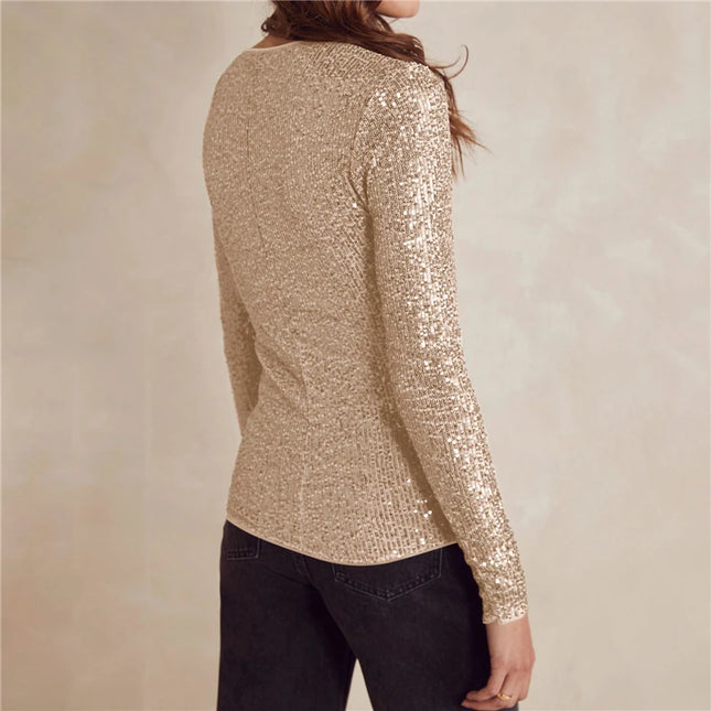 Sequin Long Sleeve Crop Top for Women with Round Neck and Glitter Finish