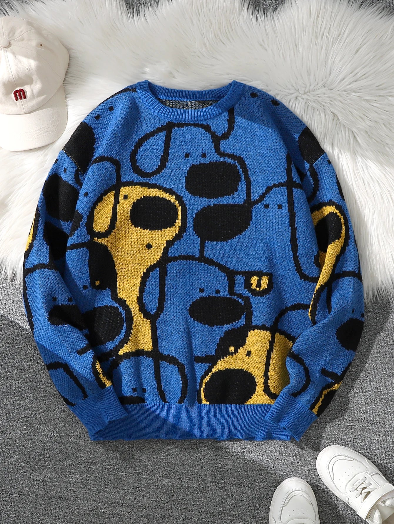 Men's Casual Crew Neck Knit Sweater with Dog Cartoon Print