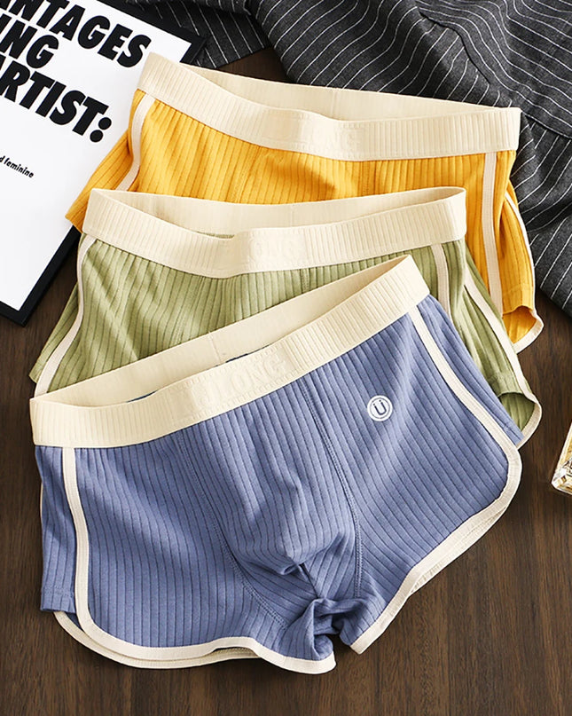 3-Pack Solid Striped Boxers for Men - 100% Cotton, Mesh Panels, High Elastic Waist