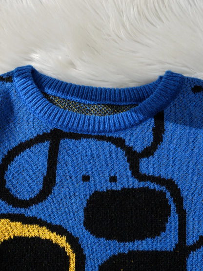 Men's Casual Crew Neck Knit Sweater with Dog Cartoon Print