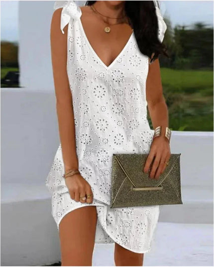V-Neck Eyelet Embroidered Mini Dress with Tied Details for Women