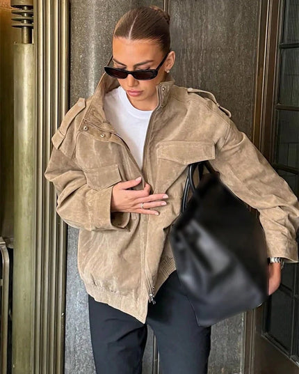 Women's Faux Suede Zipper Jacket - Loose Fit, Chic and Stylish